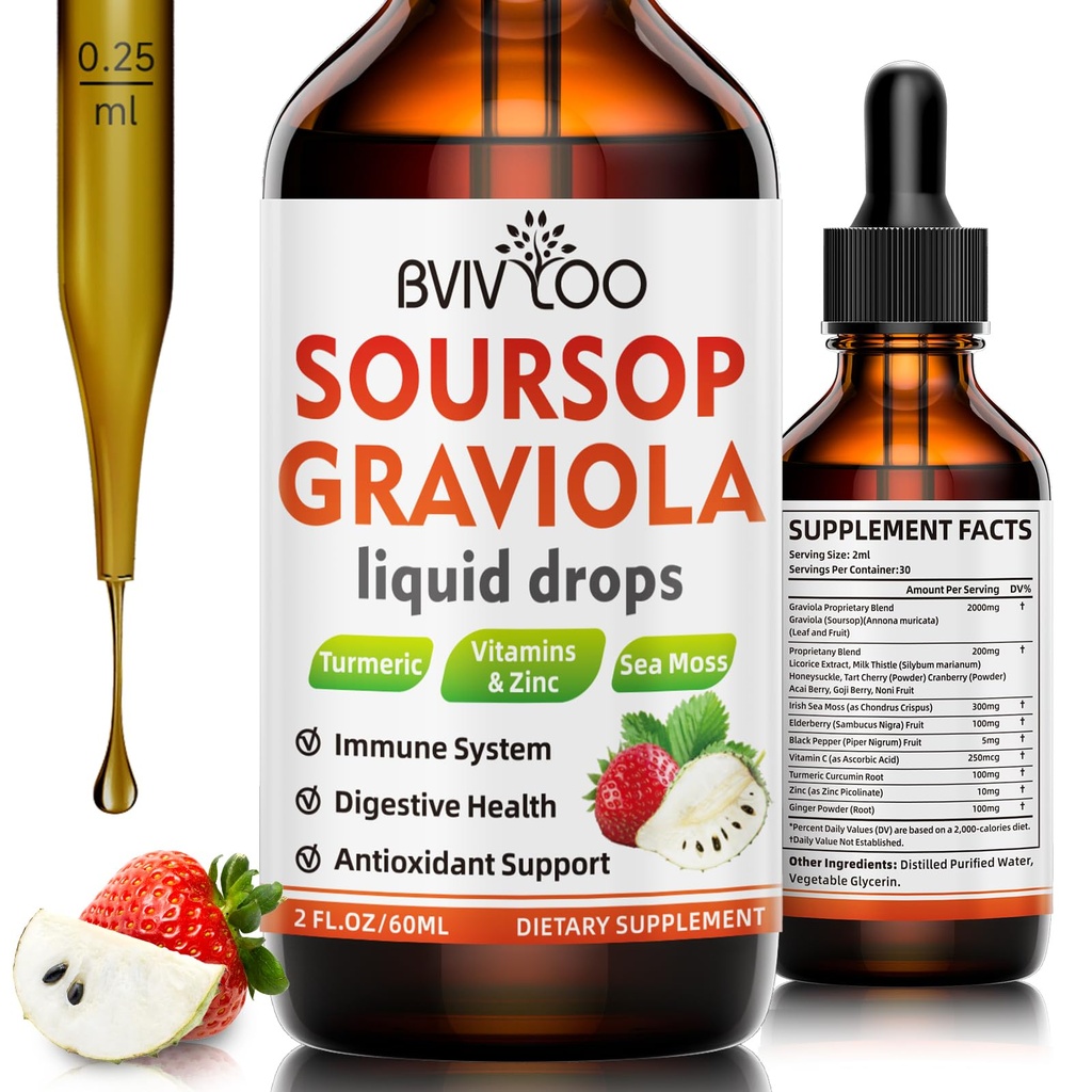 Soursop Gravoid Drops for Cell Support & Regeneration, Immune Boost, Relax, Liver and Sleep, Soursop Bitters Liquid, Sugar / Gluten Free, Natural Strawberry Flavor - 2 Fl Oz (60ml) Bottle