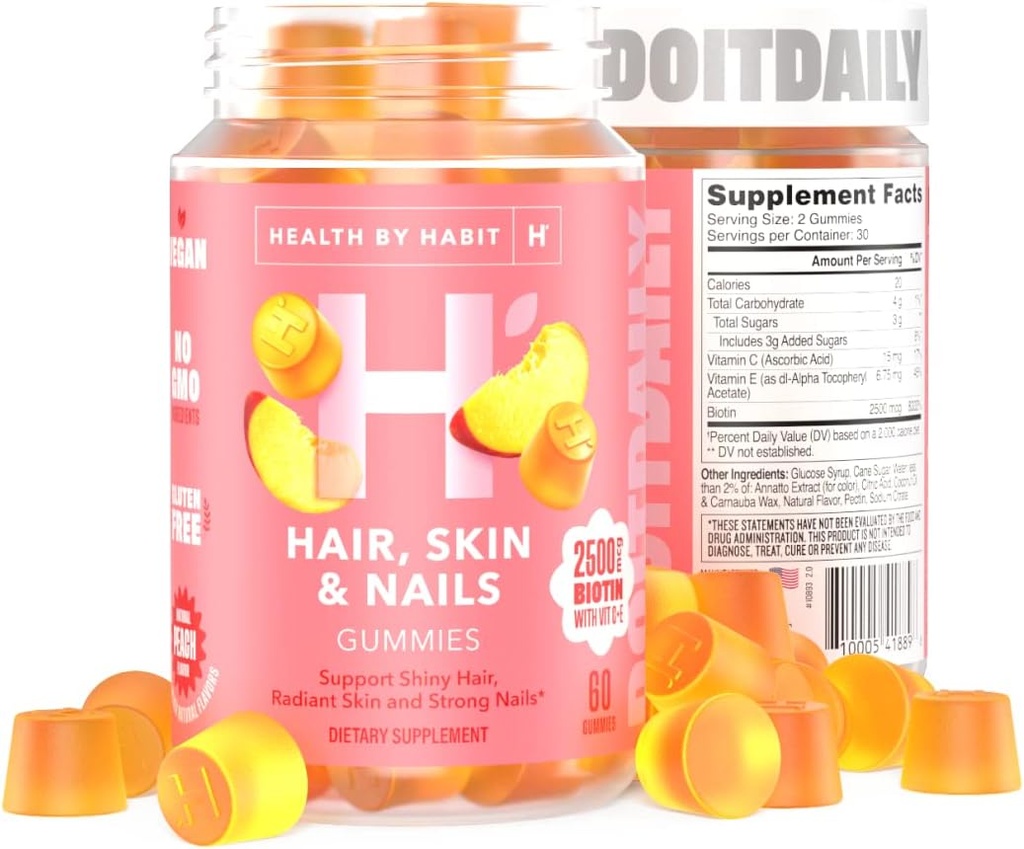 Kesehatan oleh Habit Hair, Skin dan Nails Tambahan (60 Gummies) - 2500mcg Biotin, Vitamin C, Vitamin E, Kuat Nails, Peach Flavor, Vegan, Gluten Bebas, Non-GMO