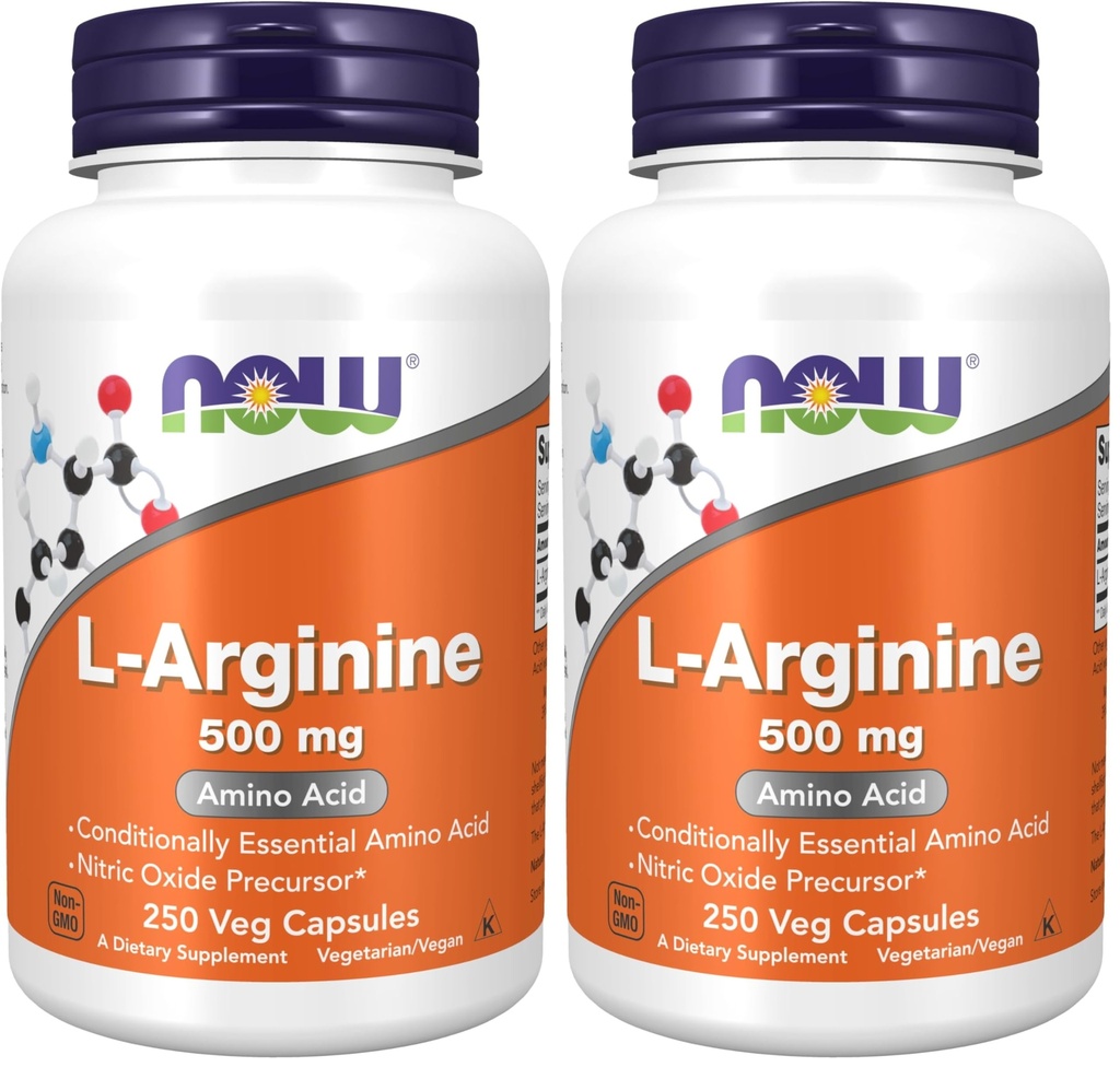 Suplemen SEKARANG, L-Arginine 500 mg, Nitric Oxide Precursor *, Acid Amino, 250 Veg Capsules (Paket 2)