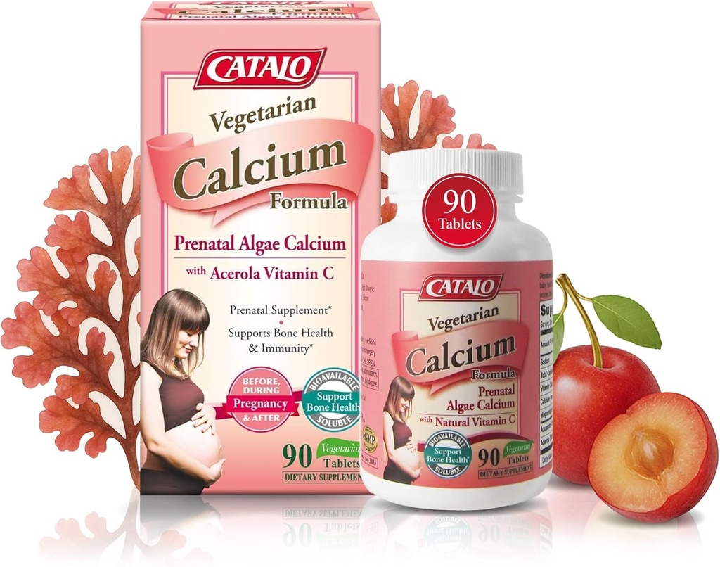 CATALO Vegetarian Kalsium Suplemen Perempuan - Tanaman - Berbasis Alga Merah Kalsium dengan Magnesium & Vitamin C untuk Enhanced Absorpsi - 90 Tablet
