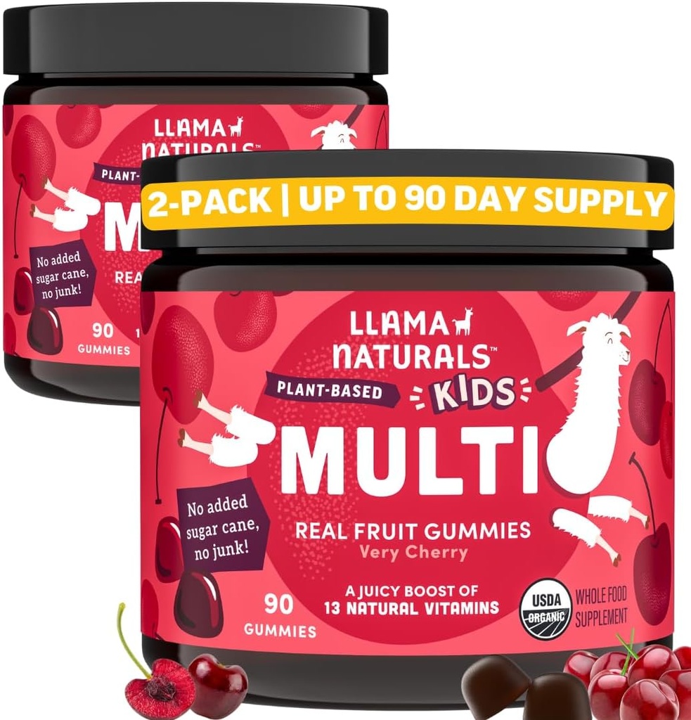 Anak Llama Multivitamin Gummies, Vegan, Organik dengan Vitamin D, C & K, Toddler Real Fruit Vitamin, Suplemen Chewable Food Multivitamin, No Added Sugar Cane, Cherry, 2 Pk