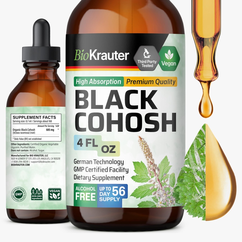 BIO KRAUTER Black Cohosh Tincture - Vegan Black Cohosh Suplemen Dukungan - Alkohol dan Gula Bebas - 4 Fl.Oz.