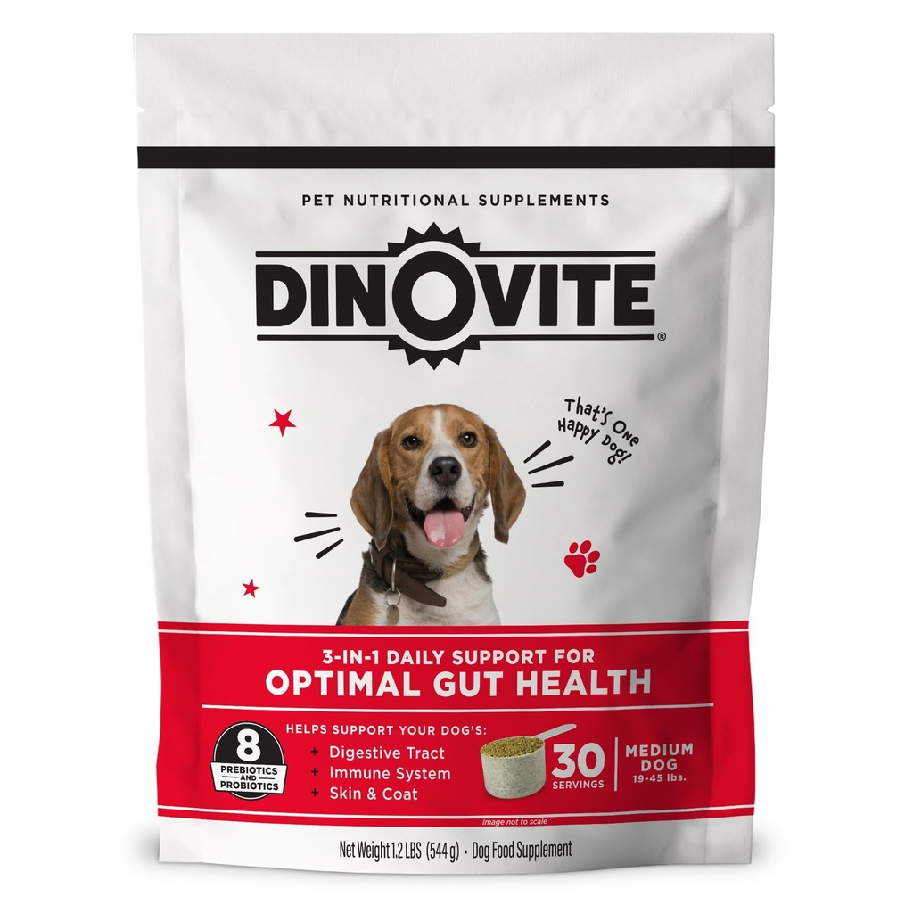 Dinovite 3 dalam 1 Probiotic for Medium Dogs, Skin & Coat, Digetical Health dan Relief, Dog Food Toppers, Imune Support, Allergy Relief & Itch Relief Skin Carding, 30 Servings (18-45lb)