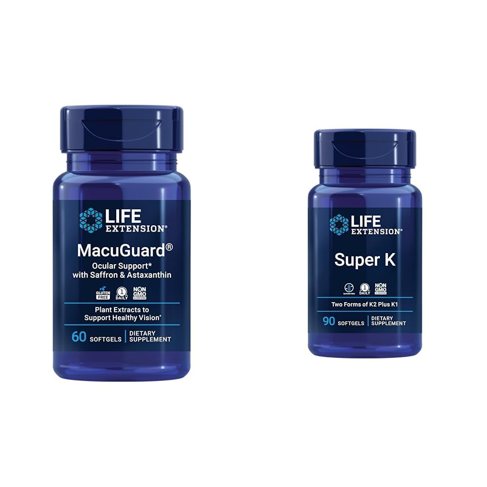 Ekstensi Hidup Macuguard Eye Sualth Suplemen dengan Lutein, Meso- Yaxanthin, Saffron & Astaxanthin - 60 Count dan Super K Vitamin K2 MK-7 MK-4 Vitamin C - 90 Softgeels