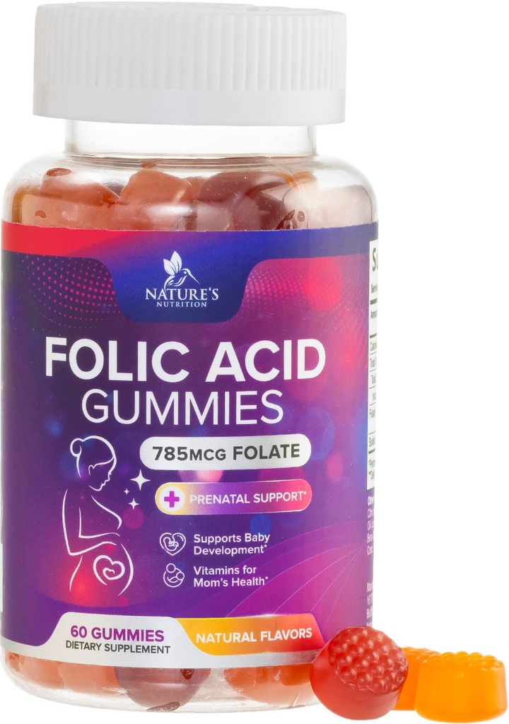 Gumi Asam Folic untuk Perempuan 785 mcg, EsensPrenatal Vitamin untuk Ibu & Bayi, Gumi Folic Vegan, Daily Vitamin B9 Ekstra Folasi, Sebelum Setelah Pengundaan - 60 Gummies