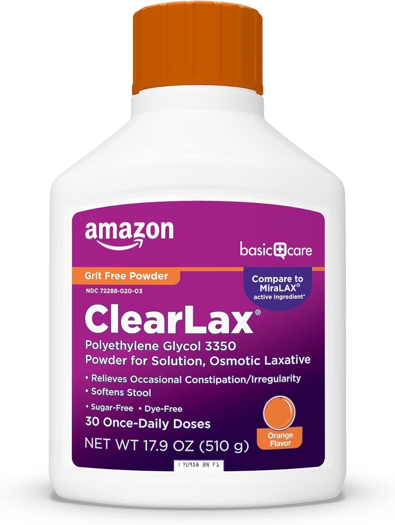 Care ClearLax Polyethylene Glycol 3350 Powder for Solution, Orange Flavor, Osmotic Laxative, Stool Softer, Relieves Occational Constipation, 1.11 pound (Pack of 1)