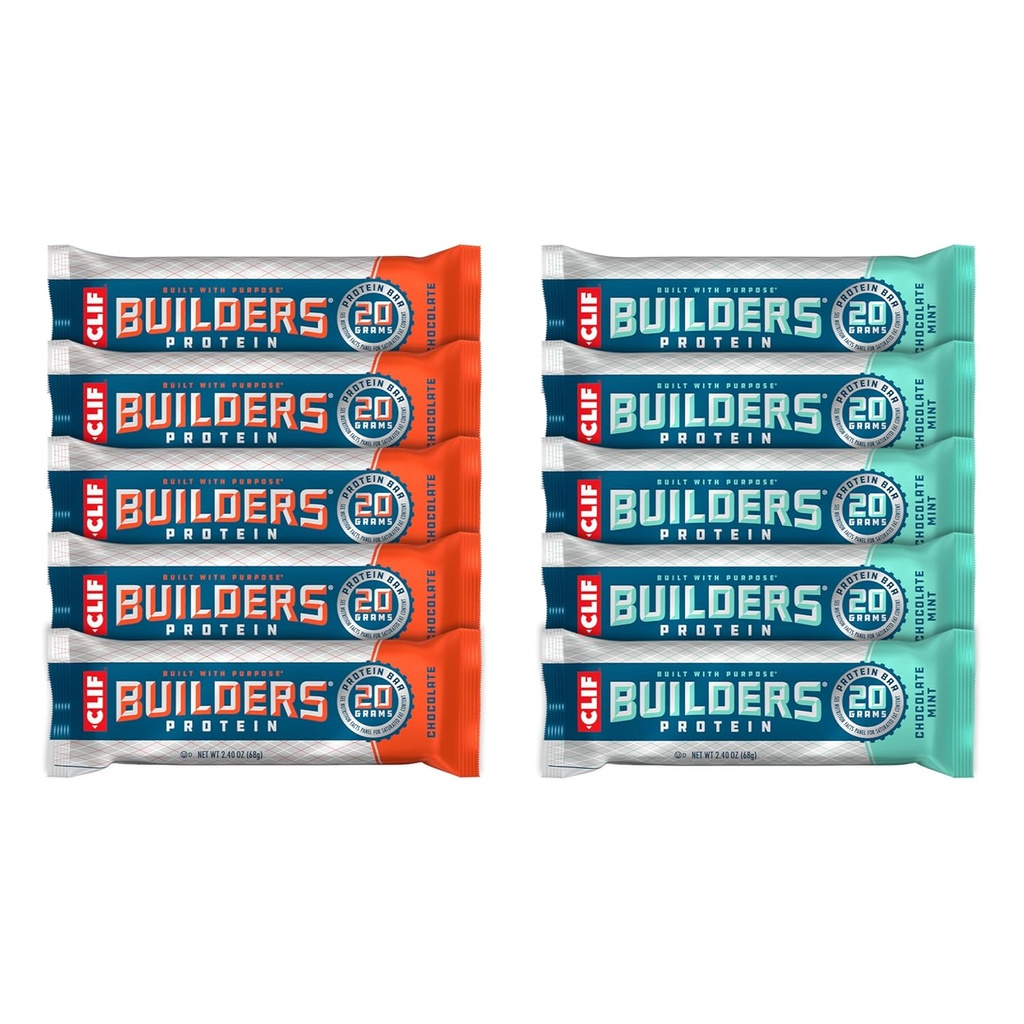 CLIF Builders - Chocolate Mint and Chocolate Flavor - Variety Pack - Plant Based Protein Bars - Gluten Free - Non-GLMO - Low Glycemic - 20g Protein - 2.4 oz. (10 Count)