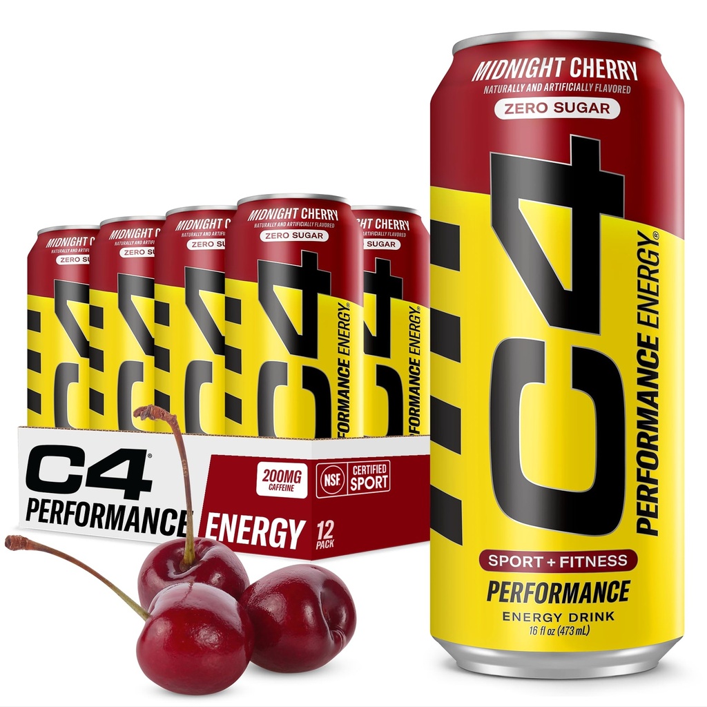 C4 Energy Karbonated Zero Sugar Energy Drink, Pre Workout Drink + Beta Alanine, Midnight Cherry, 16 Fl Oz (Paket 12)