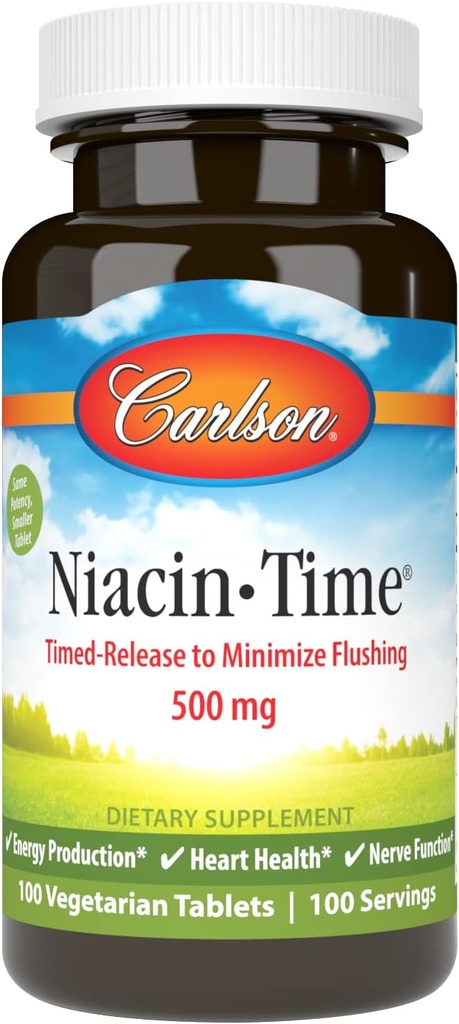 Carlson Niacin- Time 500 mg, Vitamin B-3, Time- Rilis, 100 tablet