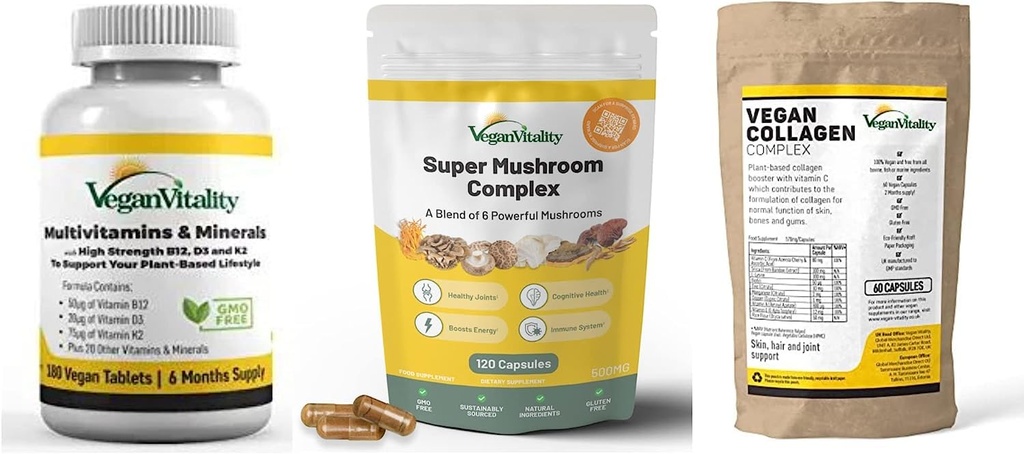 Tambahan Vegan Vitalitas Booster Bundle - Vegan multivitamin, Collagen dan Super Jamur Kompleks. Tanaman Kekuatan Tinggi - Berdasarkan Formula untuk Kesehatan Overall untuk Vegan dan Vegetarians