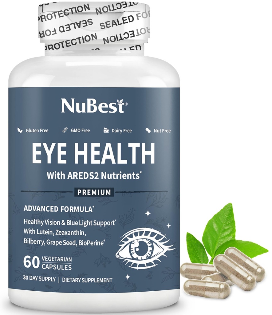 NuBest AREDS 2 Eye Vitamin dengan Beta Carotene Carrot Powder, 20mg Lutein, 4mg Oraxanthin, Bilberry, Grape Benih, BioPerine, B-Complex, Multivitamin untuk Eye Health 124; 1 Bulan Supply