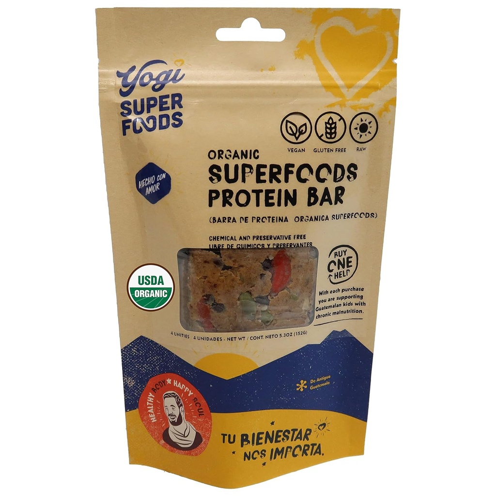 Yogi Super Foods Maca Protein Bars dengan Cacao for Healthy Energy - Raw, Vegan, Gluten Free, Low Glycemic Superfood Snack Food Bars with Plant Protein, Cococoa Powder & Granola