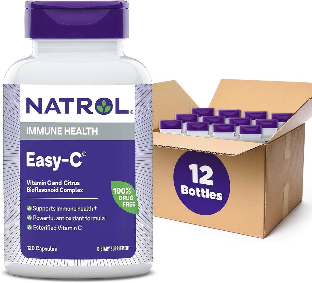 Natrol Easy- C Supports Immune Health with Vitamin C and Bioflavonoid, Bios Veti Capsules, 500 mg, 120 Count (Paket 12)