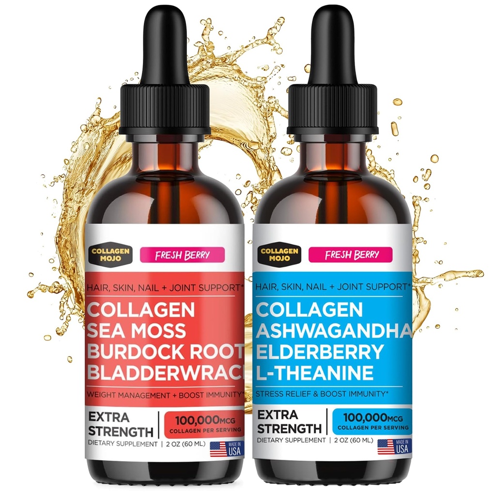 Collagen Mojo Liquid Collagen Peptides with Sea Moss, Burdock Root & Bladderwrack + Liquid Collagen Peptides with Ashwagandha, Elderberry & L- Theanine