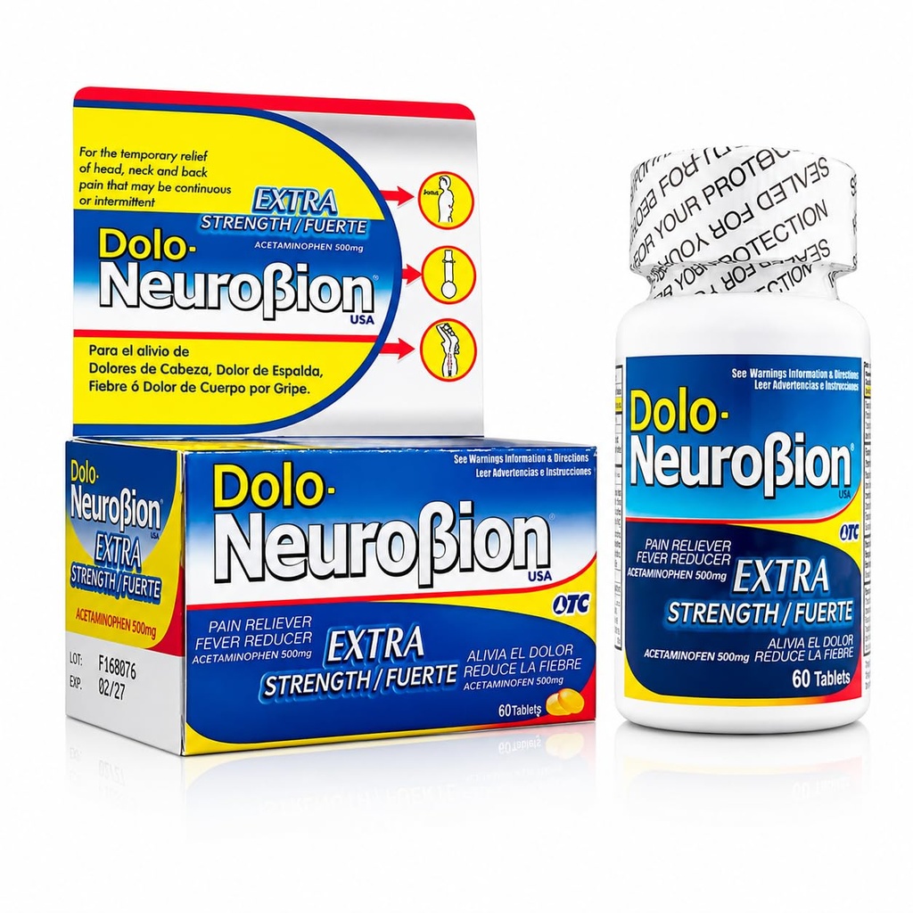 Doo Neurobion Pain Reliever, Fever Reducer, Extra Power. Alivia el Dolor, Reduce la Fiebre, Extra Fuerte. 60 tablet. Acetaminophen 500 mg
