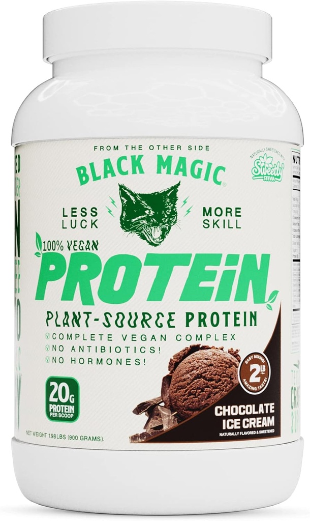 Black Magic Plant -Source 100% Vegan Protein - Keto, Low Sugar, Dairy Free Protein - Pre / Post Workout - Chocolate Ice Cream - 20g Protein - 2 LB
