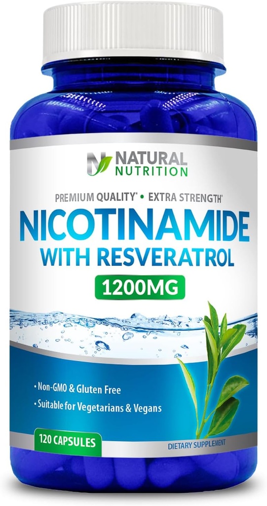 Generik Natural Vitamin Extra Strength Nicotinamide dengan Resveratrol 1200mg (Vitamin B-3) 120 Veggie Capsules Gluten Bebas & Non- GMO
