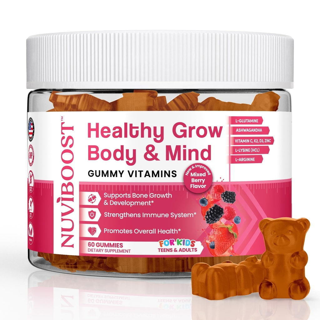 Heally Grow Hemat Tinggi Tumbuh Kaya di Kalsium, Vitamin C, D3, K2, L-Arginine, Ashwagandha, dan Lainnya, Boost Bone Health & Imunitas, Multivitamin, untuk Anak-anak 5 +, Teens dan Dewasa.