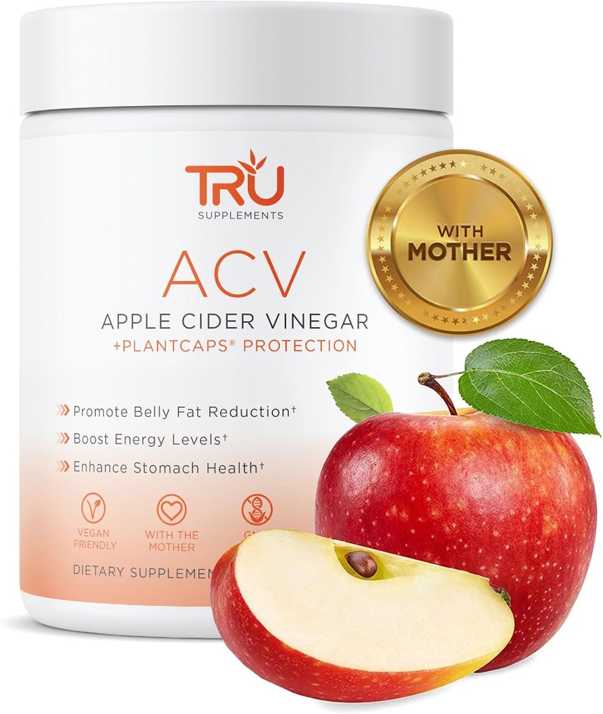 Suplemen TRU ACV, Apple Cider Vinegar, Organic ACV dengan The Mother, Improve Ditrable and Skin Health, 45 Servis, 100mg