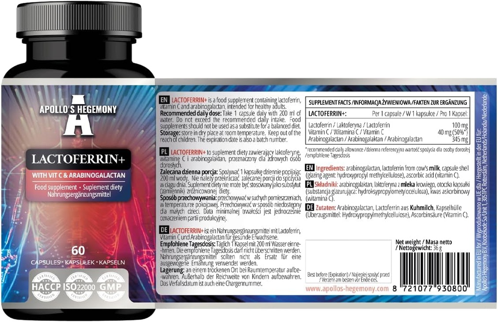 APollo 'S HEGEMONY Lactoferrin + 100 mg - dengan Vitamin C dan Arabinogalaktan - 60 Vegan Capsules - 2 Pasokan Bulan - untuk Enhanced Immunion dan Peledak Besi