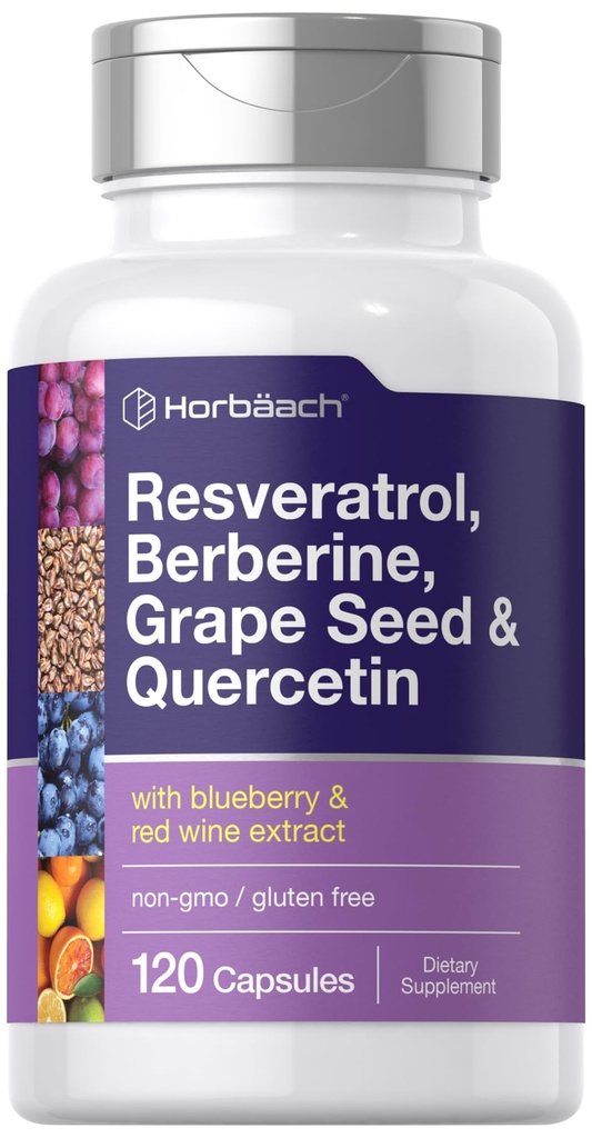Horbäach Resveratrol Berberine Grape & Quercetin 124; dengan Blueberry & Red Wine Extract 124; 120 Capsules 126; Non-GMO, Gluten Free & Vegetarian Suplemen