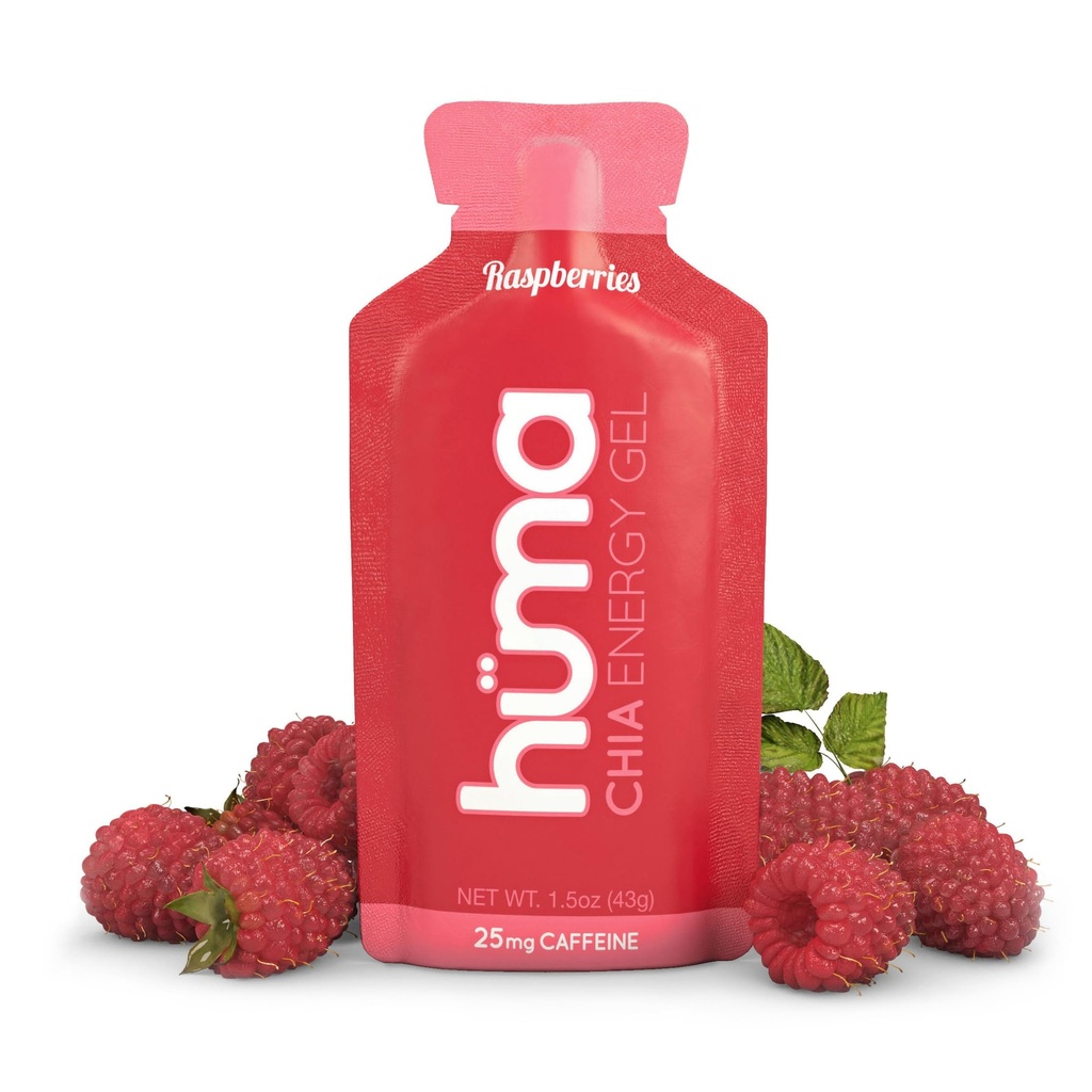 Huma Chia Energy Gel, Raspberry, 12 Gels, 25mg Caffeine per Packet - Premier Oports Nutrition for Endurance Exercise