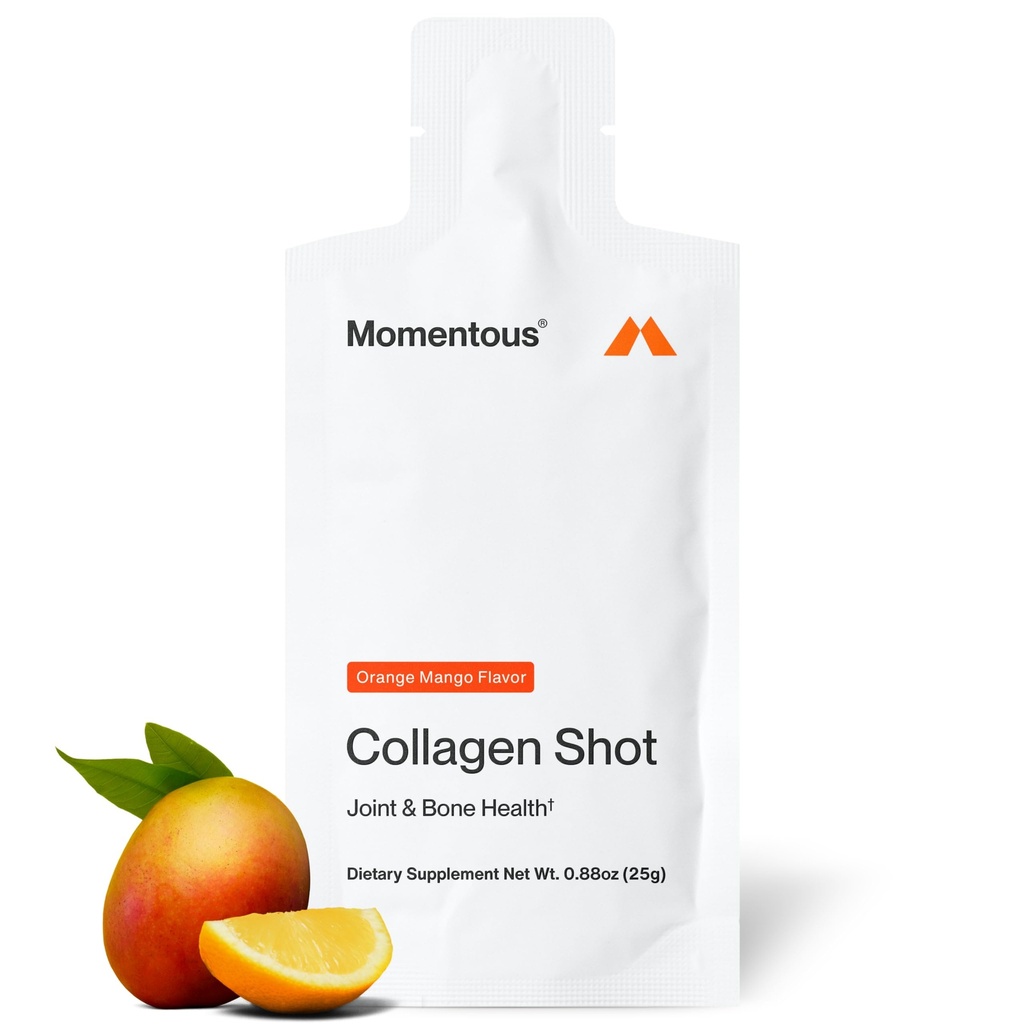 Suplemen Momently Collagen Shot - Hydrolyzed Bovine Collagen & Vitamin C untuk membantu Dukung Gabungan, Bone, & Connective Teissuge - NSport - Mango Orange - 25g / Serving - 15 Hamba