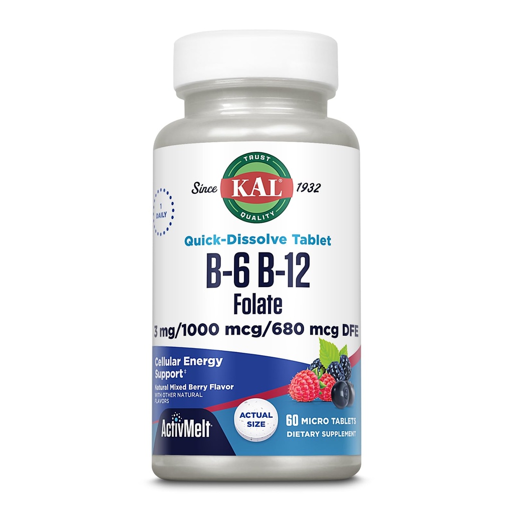 KAL Vitamin B-6, B-12 & Folic Acid Suplement, Heart Health, Energy & Red Blood Cell Support *, with Vitamin B12 Methylcobalamin & Folate, Natural Berry Flavor, 60 Servids, 60 ActivMelt Micro Tablets