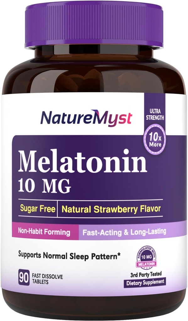 Melonaxin 10 MG, Quast Dissolve Tablet, Ultra Strength, Non- Habit Forming, Sleep & Calstice Dupport, No Sugar, Natural Strawberry Flavor, 90 Tablet