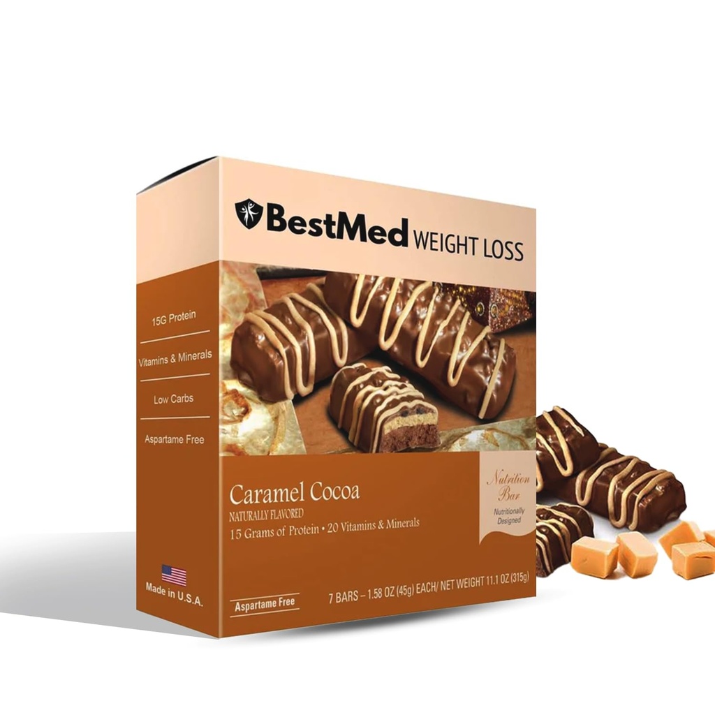 BestMed - High Protein Nutition Bar - Lower-Carb, 15g Protein, Low Sugar, High Fiber, Low Calorie, Meal Replacement Bar (Caramel Cocoa, 1 Box - 7 Count)