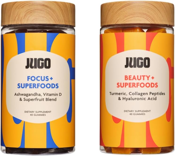 JUGO Beauty Gummies + Focus Bundle - Ashwagandha, Collagen & Biotin - Support Focus, Stress Relief, Hair, Skin & Nails