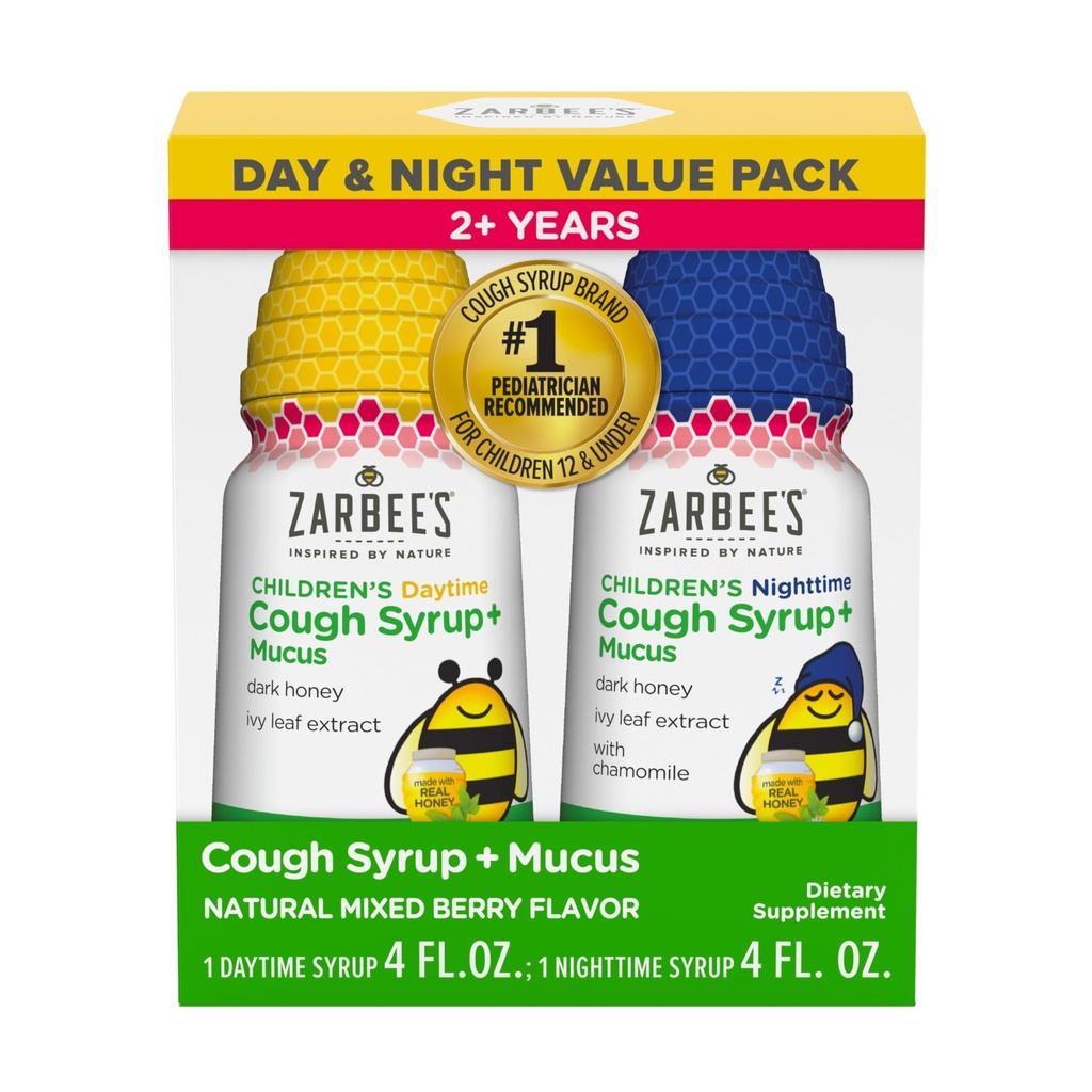 Zarbee 's Children' s Cough Syrough + Mucus Day & Night Value Pack, Daytime Toddler Cyrup, Dark Honey, Ivy Leaf Extract, Chamomile, Mixed Berry Flavor, 2X 4 Fl Oz