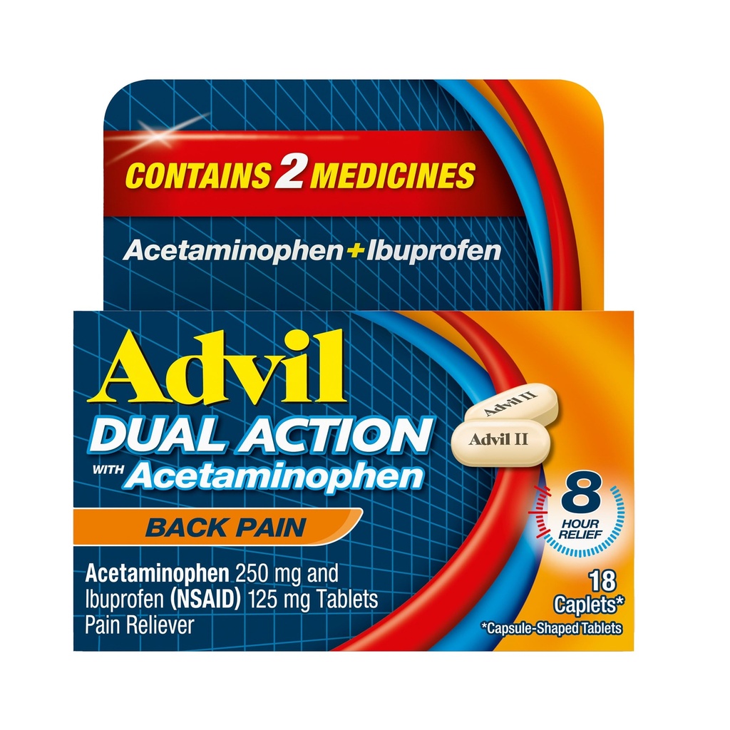 Advil Dual Action Back Pain Caplets Delivers 250mg Ibuprofen dan 500mg Acetaminopenhen Per Dose untuk 8 Hours of Back Pain Relief - 18 Count