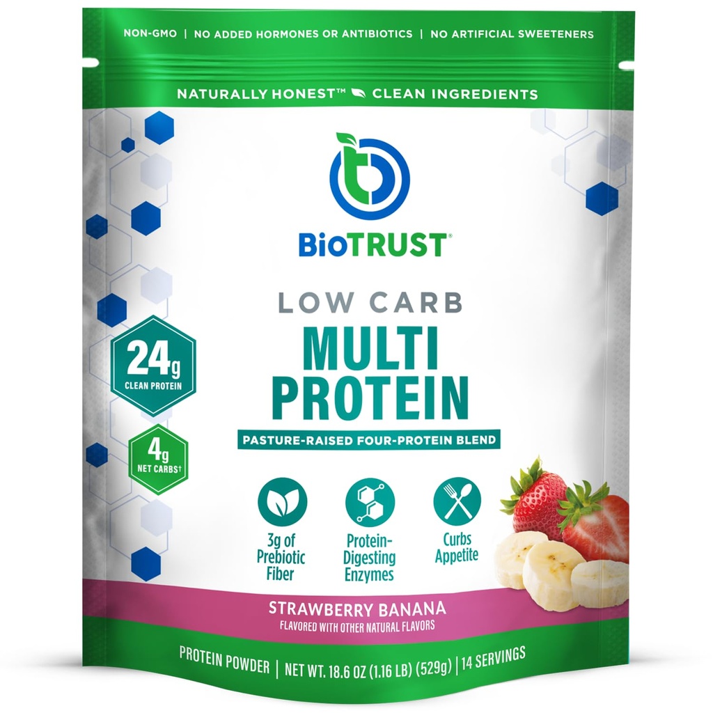 BioTrust Low Carin Protein Powder - Delicious Whey & Casein Blend from Grass- Fed Hormone Free Cows - Non GMO, Gluten Free (Strawberry Banana)
