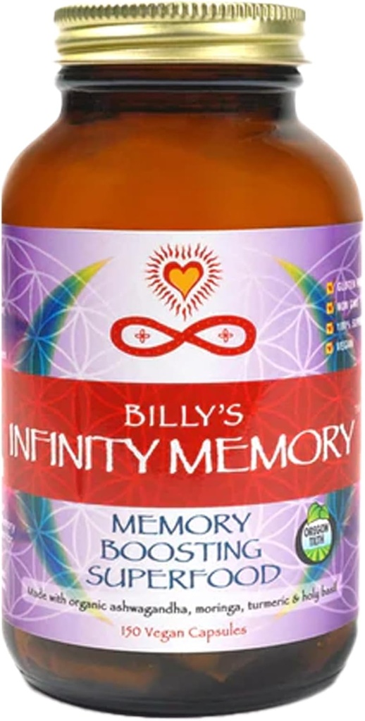 Infinity Memory and Focus Support, Superfood Brain Fuel with Organic Lions Mane Mushroom, Ashwagandha, Holy Basil, & Turmeric, Supplemen Perempuan dan Pria (150 Capsules)