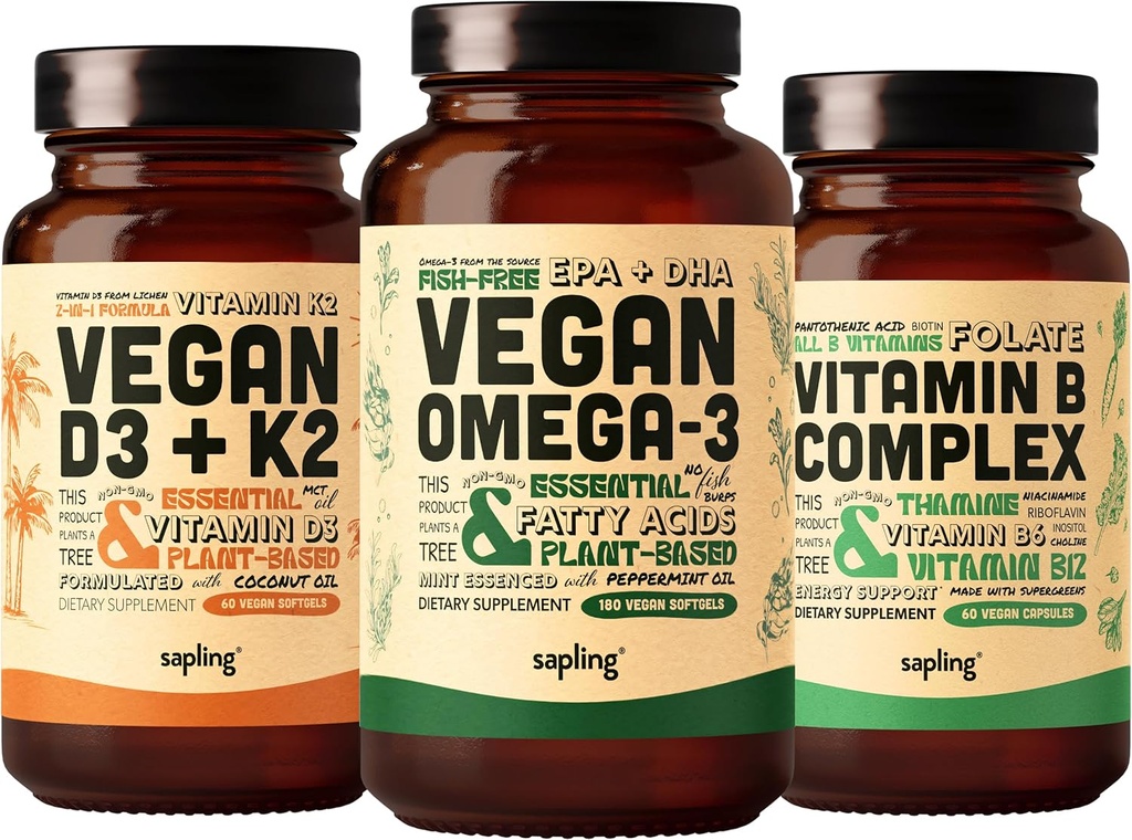 Vegan Omega 3 180 Softgels & Vegan D3 + K2 & Vitamin B Bundle - Plant Based DHA & EPA Fatty Acids, 4000 IU Vitamin D3 dan 100mcg Vitamin K2, Esifel B Vitamin