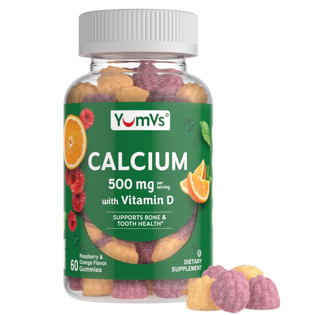 YumVs Calcium 500mg dengan Vitamin D3 - Raspberry dan Orange Flavor Kalsium D Gummies, Suplemen Calcium Chelable untuk Anak-anak & Dewasa, Vitamin D Calcium Gummies, Kosher Halal Gluten Bebas (60 Count)
