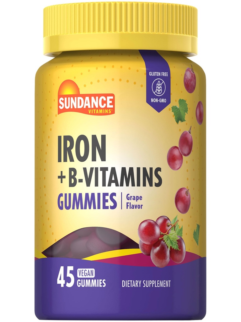Sundance Iron Gummies 124; plus B-Vitamin 126; 45 Vegan Gummies 124; Grape Flavor 124; Vegan, Non-GMO, dan Gluten Free Supplemen