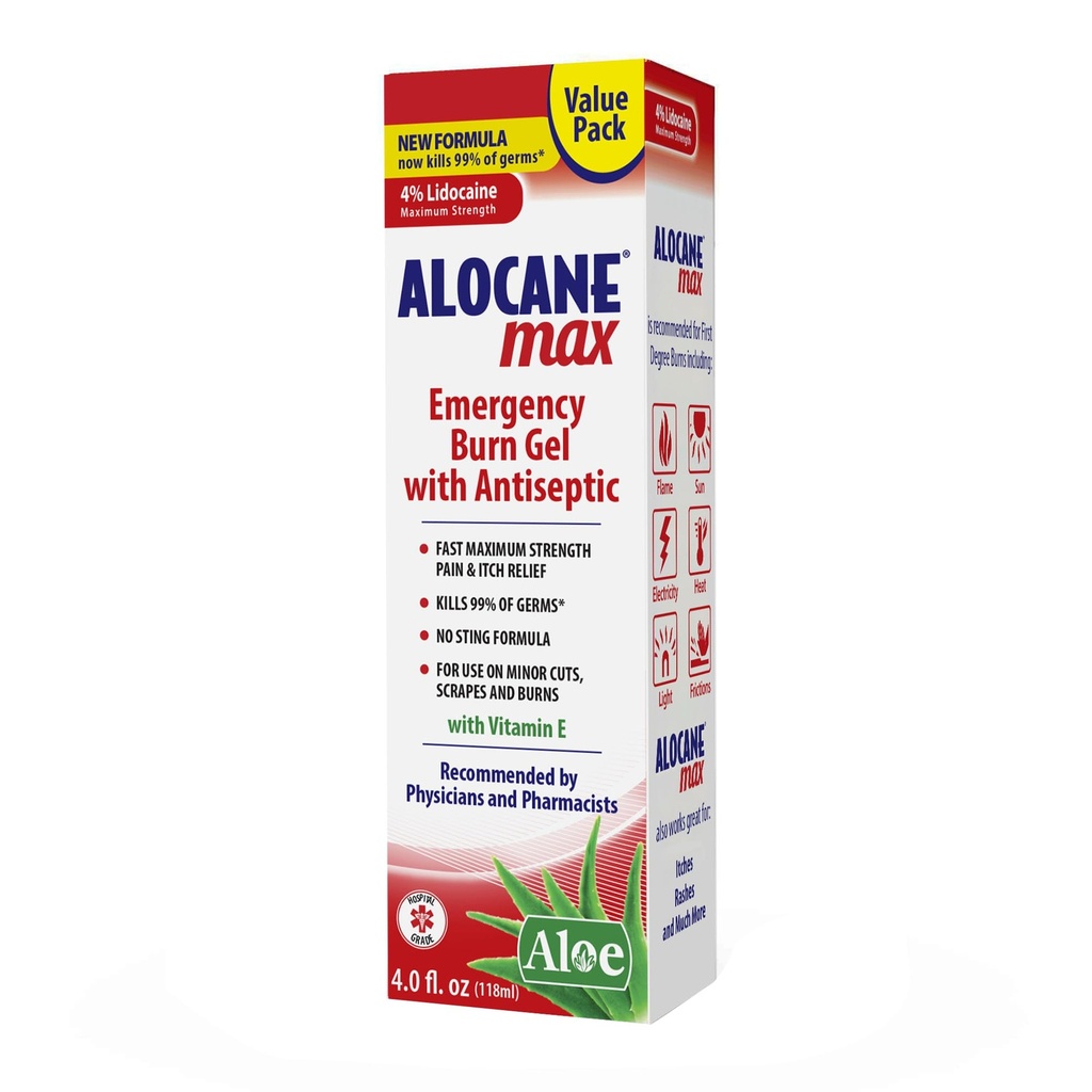Alokain Max Emergency Burn Gel, 4% Lidocaine Hydrochloride, .13% Benzalkonium Chloride, Maximum Power Relief, For Suntch Relief, Kitchen, Radiasi, Kimia, Degree Burns, 4 Fl Oz