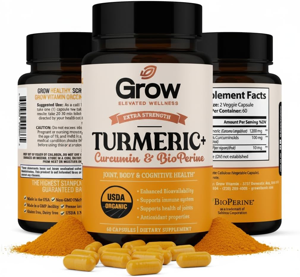 Grow Vitamin Curcumin + Ultra: Organic High- Potency Blend 124; Maximum Strength Turmeric Formula dengan 95% Curcuminoid 124; USDA Certified 124; 30- Day Suppply