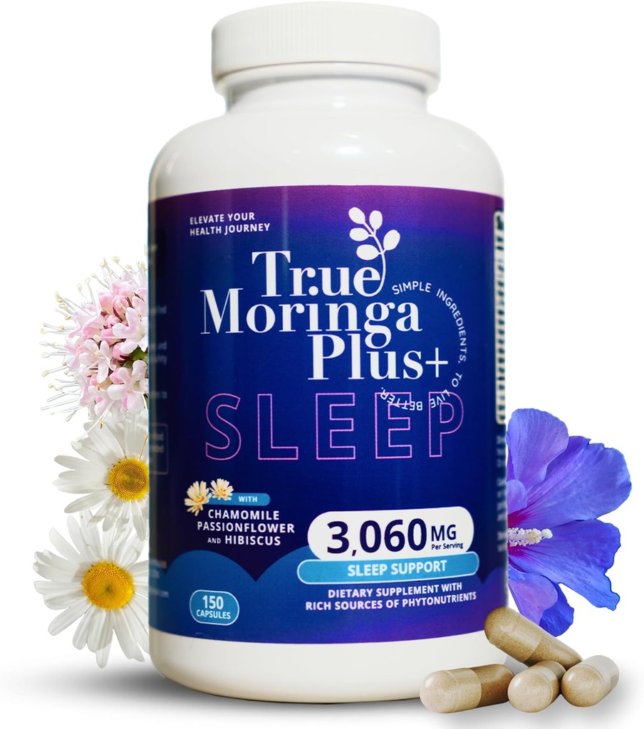 True Moringa Plus + Sleep Supplement 10: 1 Ekstraksi 124; 20.000.000 mg Organik Moringa, Chamomile, Passion, Root Valerian, Hibiscus untuk Relaxation 124; Bantuan Tidur Alam untuk Dewasa (150 Capsules)