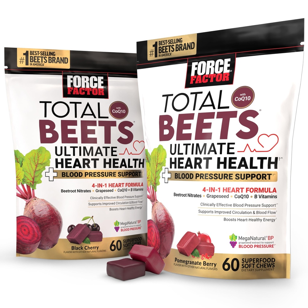Bundle of Force Factor Total Beets Ultimate Heart Heat Sumpation Support Chews with CoQ10, Beet Root Powder, Grape Seed Extract, Suplemen Tekanan Darah untuk Circulation & Blood Flow, 120 Soft