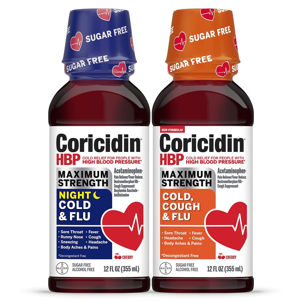 Coricidin HBP Maksimum Kekuatan Cold & Flu Day & Night Sugar-Free Liquid Twinpack, Decongestant - Free Cold Medicine untuk Dewasa dengan Tekanan Darah Tinggi -12 Fl Oz (Paket 2)