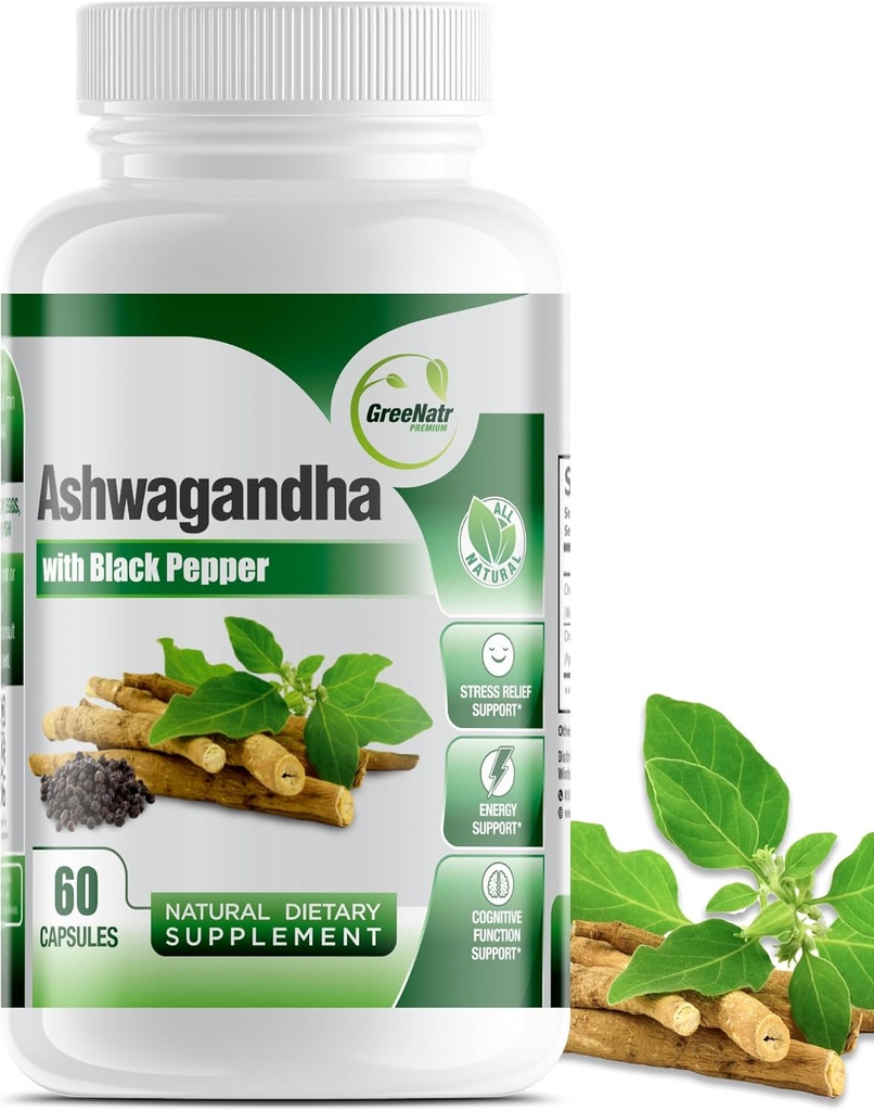 GreeNatr Organic Ashwagandha Capsules dengan Black Pepper untuk Enhanced Absorpsi - Mood Enhancer dengan Fungsi Energi dan Kognitif - 1300 mg Veggie Capsules (1 Botol)