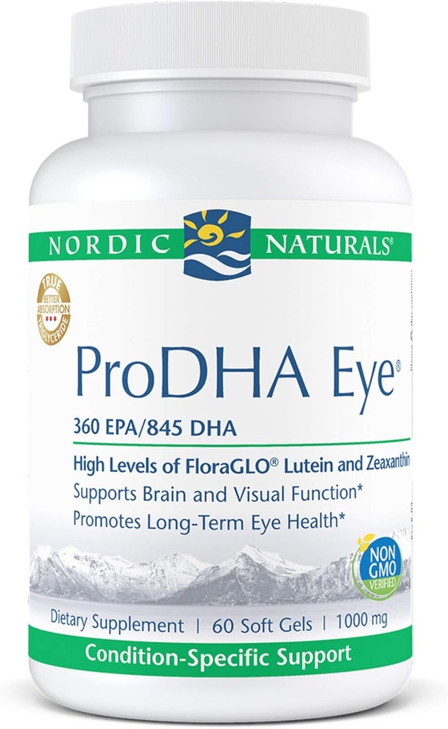 Nordic Averal ProDHA Eye - Fish Oil, 360 mg EPA, 845 mg DHA, 20 mg FloraGLO Lutein, 4 mg voucxanthin, Dukungan untuk Neurrological Fungsi dan Kesehatan Mata Long- Term *, 60 Soft Gels