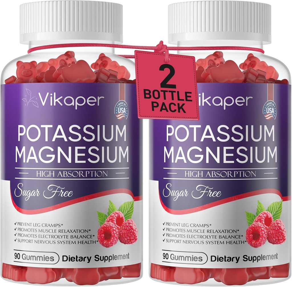 Potasium Magnesium Gummies 500 mg Sugar- Free Magnesium Glycinate Suplement dengan Magnesium L- Threonate, Vitamin D3, Menimbulkan Krisis Kaki, Otot, Kesehatan Jantung untuk Pertumbuhan Raspberry Flavor 180 Count
