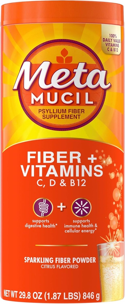 Metamucil Sparkling Fiber Suplement + Vitamin, Plant Based Psyllium Husder Powder with Vitamin C, D & B12, Daily Fiber Suplement for Digetives Health, Citrus Flavored, Sugar- Free, 90 Servings