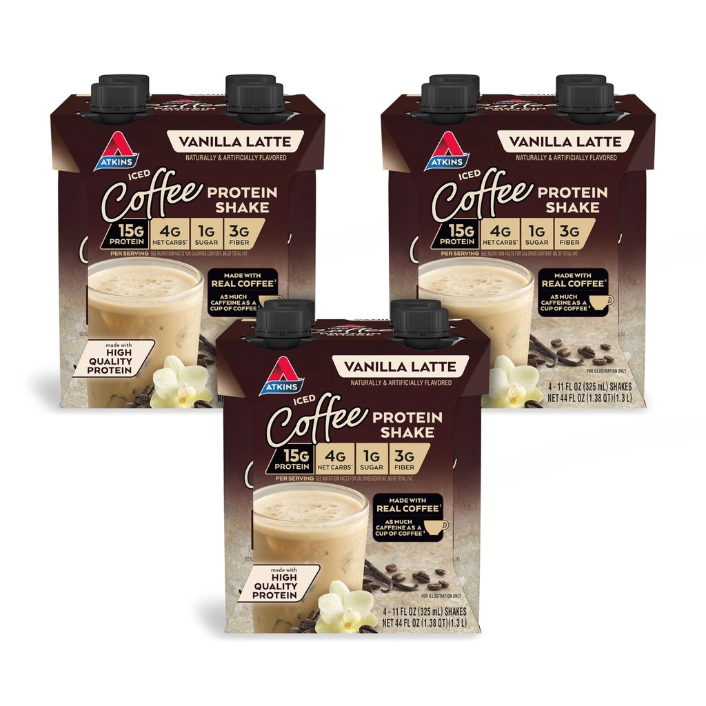 Atkins Iced Coffee Vanilla Latte Protein Shake, 15g Protein, Glycemic Low, 4g Net Carb, 1g Sugar, Keto Friendly, 12 pack of 11 fl Oz