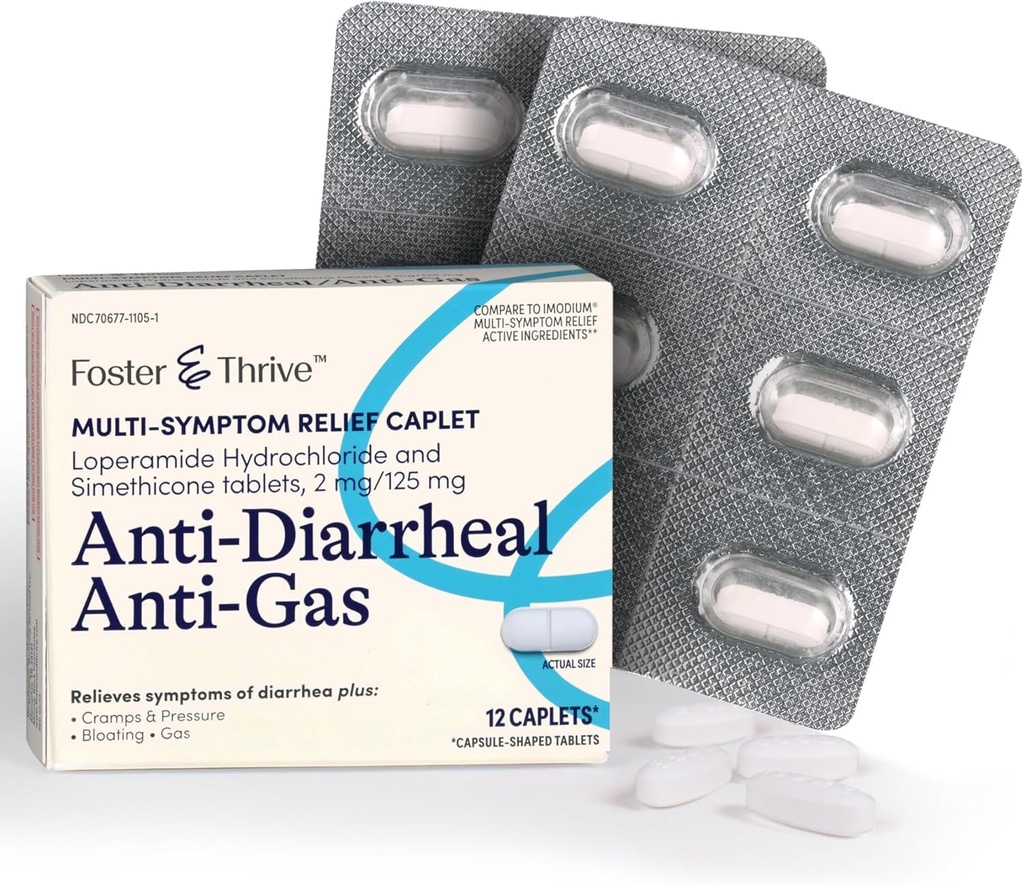 Foster & Thrive Locamide Hydrochloride dan Simelicone Anti- Diarrheal AntiGas Multi- Symptom Relief, 48 Caplets, Treatment of Diare, Gas, Bloating, Cramps & Pressure, 12 Caplets (Paket 4)