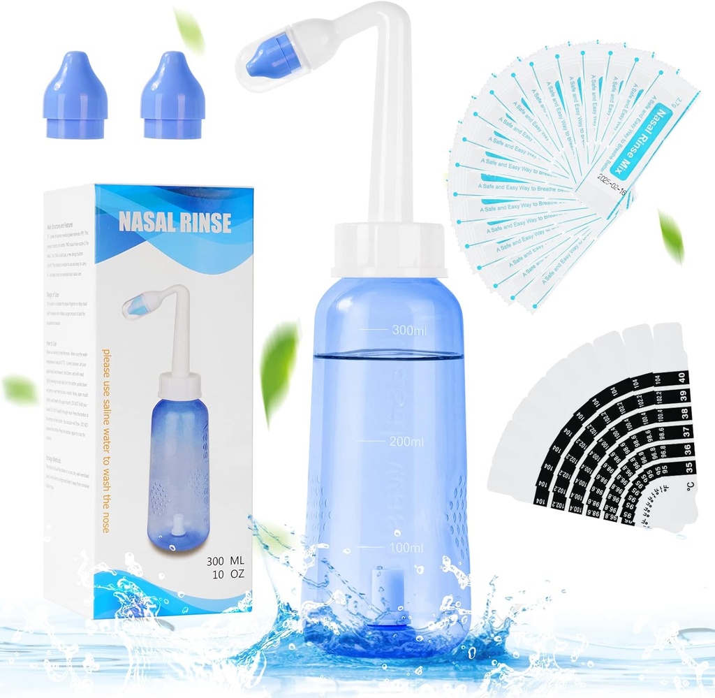 URAQT Neti Pot, Nasal Rinse Kit Nose Wash Cleaner, 300ml Sinus Rinse Bottle dengan 20 Paket Garam Nasal Wasting dan 10 Thermometer Sticker, Tekanan Rinse Nasal Irrigation untuk Dewasa dan Kid BPA Free